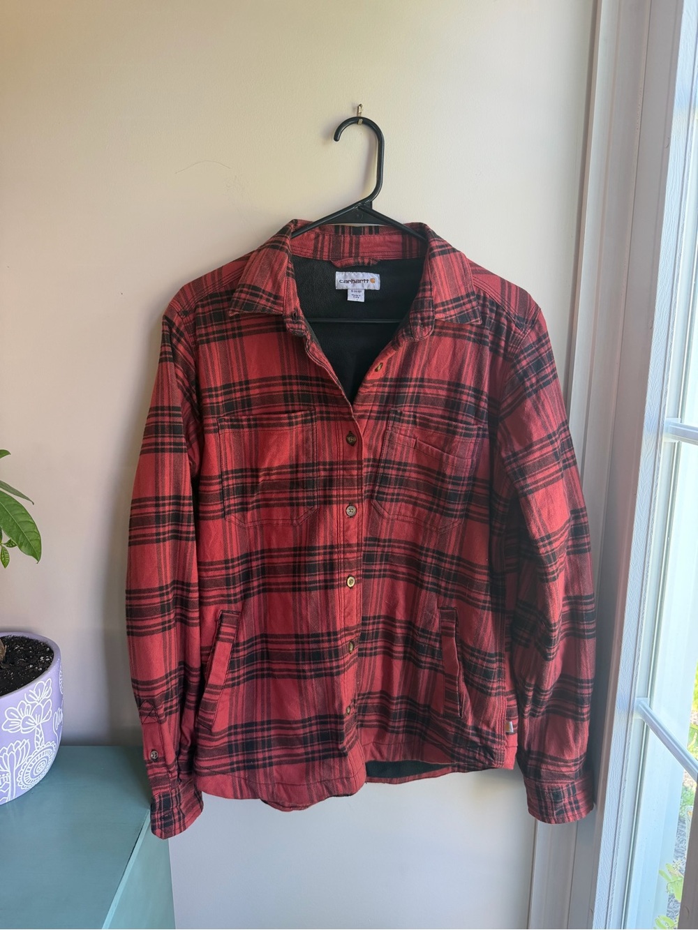 Carhartt Women's Red and Black Plaid Button-Up Shirt Jacket